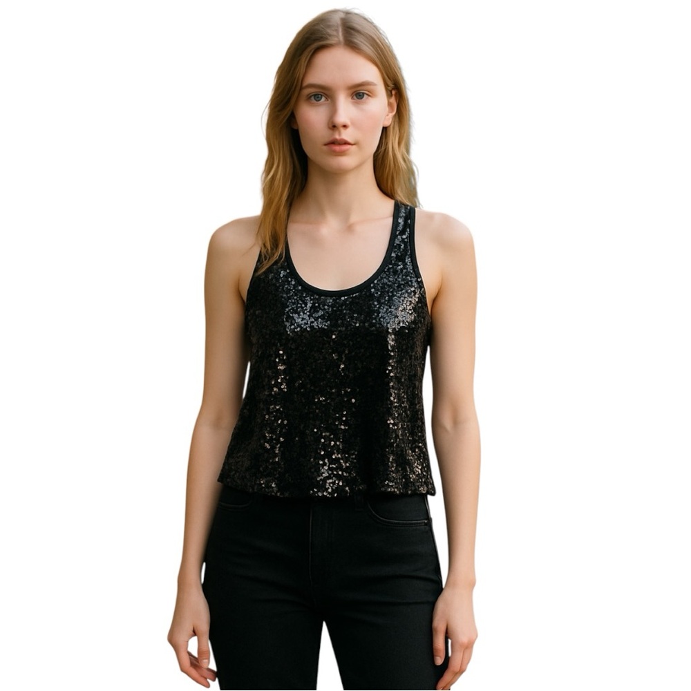 NOLLIE Black Y2K  Sequin Crop Tank Top Size Medium  Summer Blouse Fancy